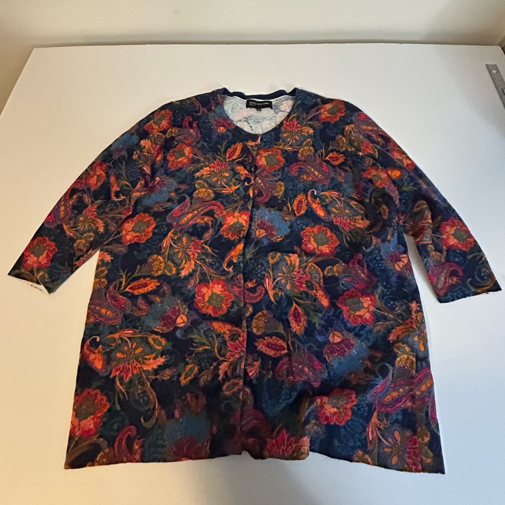 Jones New York Navy Floral Cardigan with Red & Orange Accents